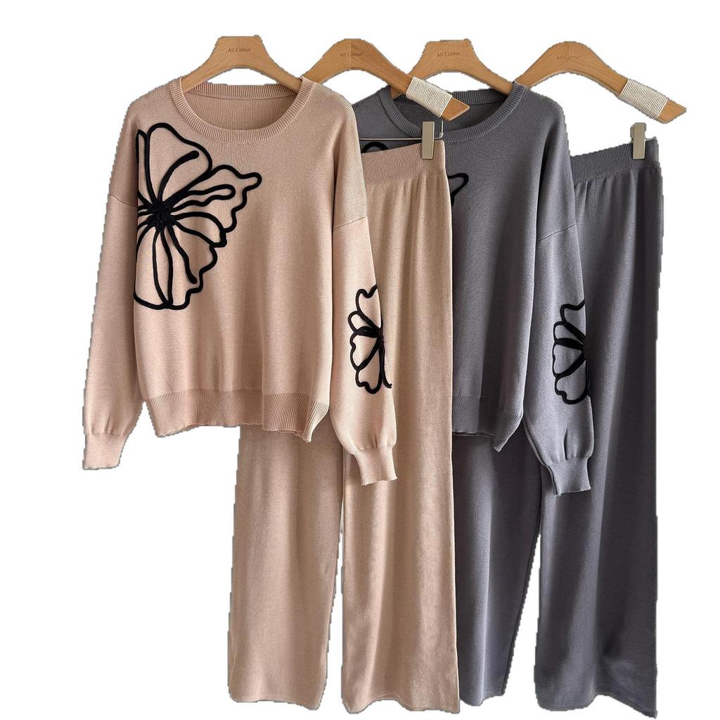 European Style Embroidered Knit Sweater & Loose Wide-Leg Pants Two-Piece Set for Women