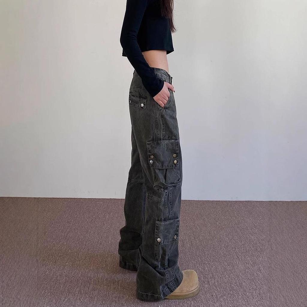 2024 Spring/Summer Women's Multi-Pocket Wide-Leg Workwear Jeans