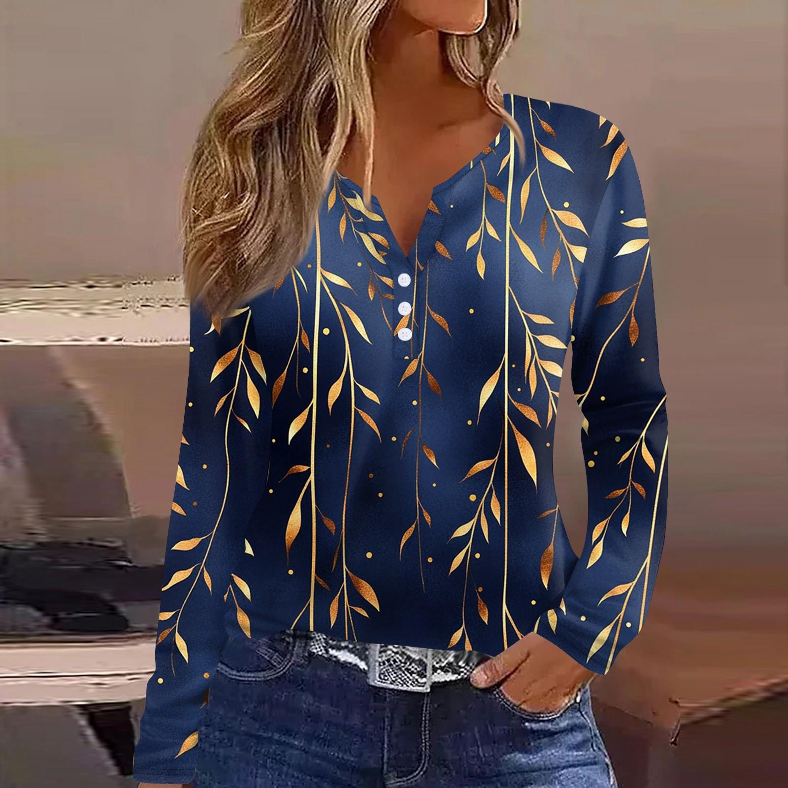 Жен. Футболка Футболка С принтом Пуговицы Длинный рукав Повседневные Выходные Мода — фото 13