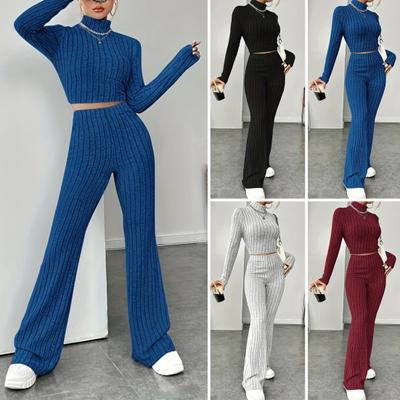 2Pcs/Set Women Solid Color Knitting Outfit Turtleneck Long Sleeve Cropped Tops High Waist Flared Pants Slim Fit Ribbed Winter Outfit