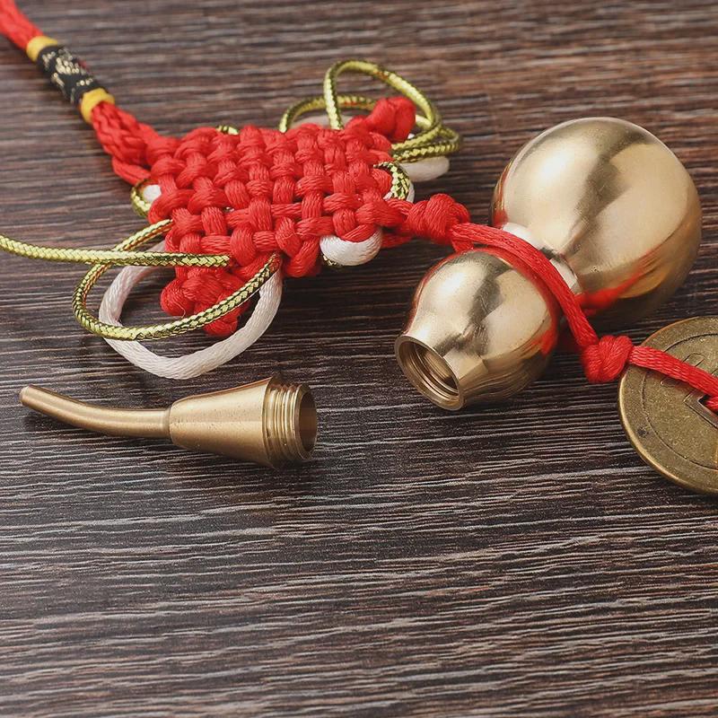 Brass Five Emperors Coins Knot Pendant with Cinnabar Fillable Copper Gourd