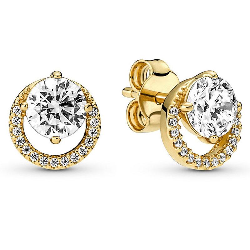 Authentic 925 Silver Golden Shine Sparkling Round Halo Earring Necklace With Crystal For Women Jewelry Set Gift