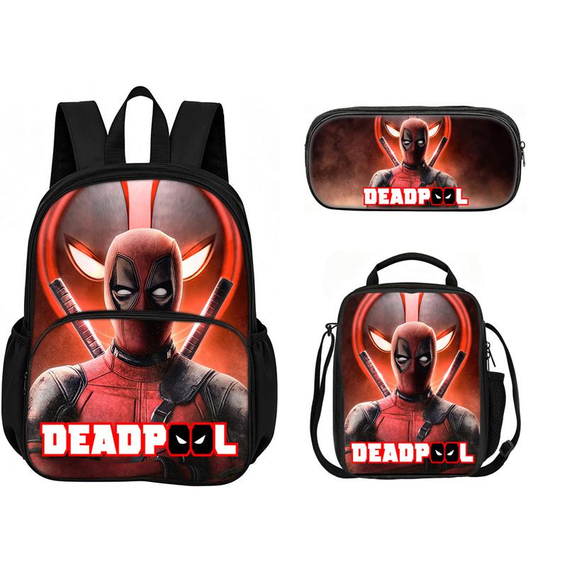 Deadpool  School 3Pcs Set with Front Pocket Backpack+lunch Bags+Pencil Bag Fashion Schoolbag Backpack Trend Kids Gift