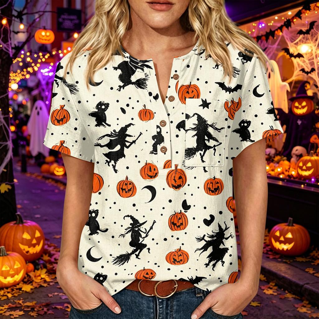 Womens Halloween Print V Neck Button Detail Short Sleeve Top Casual Loose Fit Three Quarter Sleeve T Shirt