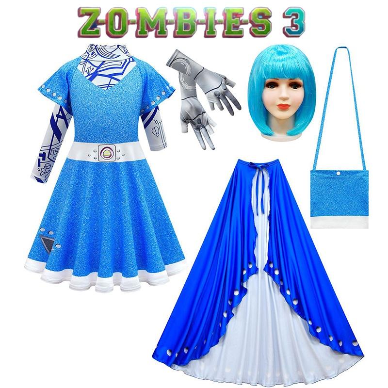 Zombies Kids Cosplay Costume Girls Dress Cloak Wig Bag Halloween Gift Outfit