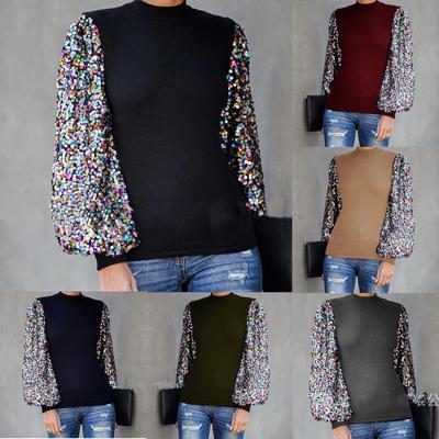 Ladies Half High Neck Sequin Sequin Stitching  Sleeve Long Sleeve Top