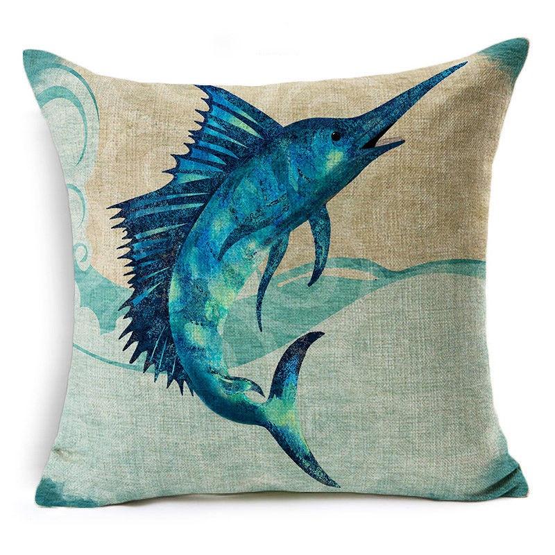 Exquisite 18" Blue Sea Animal Cotton Linen Cushion Cover For Stylish Living Spaces