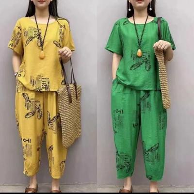 Damen-Set, kurzärmelig, locker, 2-teilig, Oberteil, Hose, Rundhalsausschnitt, weich, atmungsaktiv, Sommer-Feder-Druck, elastische Taille, Sommer-Pyjama-Set für den täglichen Gebrauch