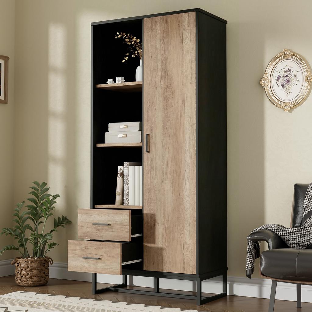 Modern highboard cabinet 80x40x180 cm – wood-look, black frame, door, 2 drawers & 3 open compartments – versatile storage for living room, office