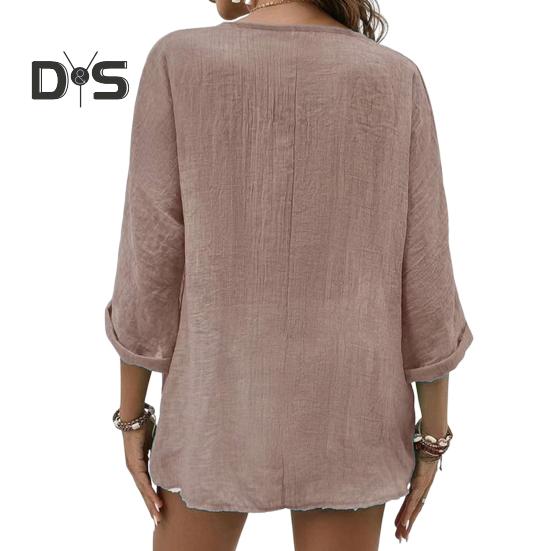 Damen Frühlingshemd V-Ausschnitt Knöpfe Einreihig Langarm Einfarbig Weich Atmungsaktiv Dame Vintage Lose Mittellanges Oberteil