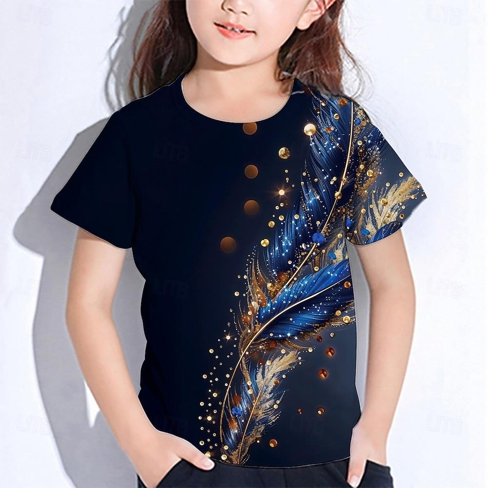 

Girls 3D Graphic Feathers T shirt Tee Short Sleeve Summer Spring Fashion Basic Kids 4-12 Years 110cm