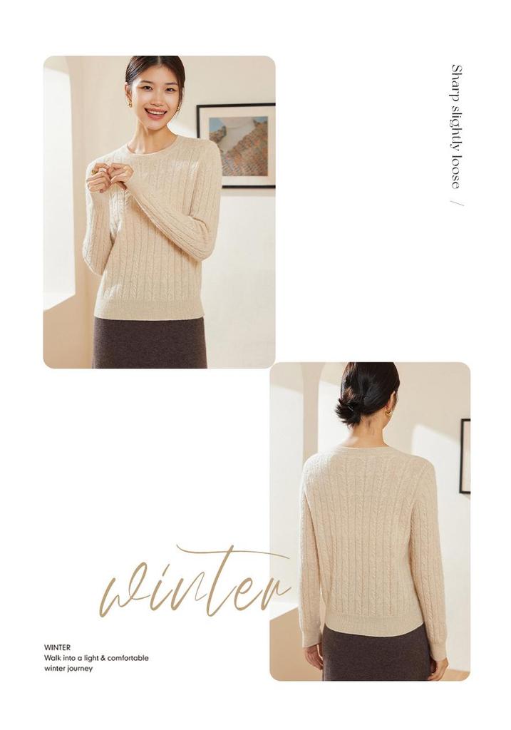 100% Pure Cashmere Women's Round Neck Knit Sweater with Wheat Ear Jacquard Design
