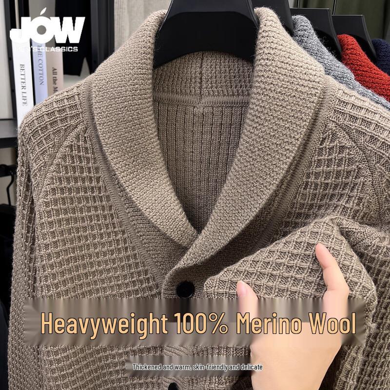 JOW Men's Thickened 100% Lambswool Cardigan Sweater