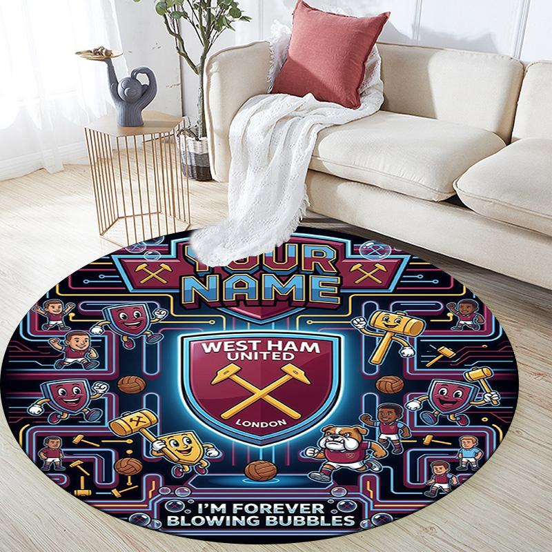 Custom Name West Ham United Round Area Rug,Carpet Rug for Living Room Bedroom Sofa Playroom Decor,Non-slip Floor Mat