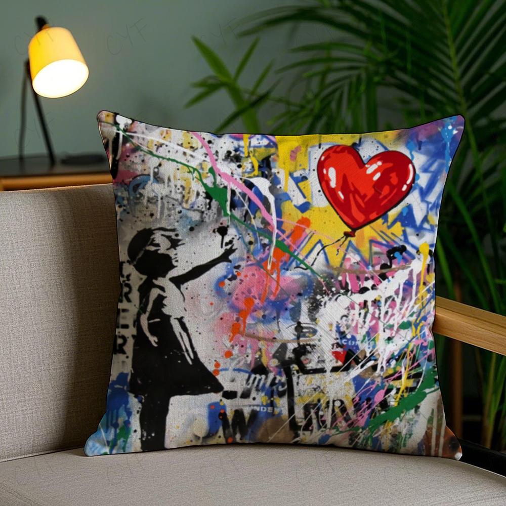 

Banksy Street Graffiti Art Pillow Case Urban Contemporary Decor for Loft Style Living Rooms and Creative Studio Accents 45cmx45cm