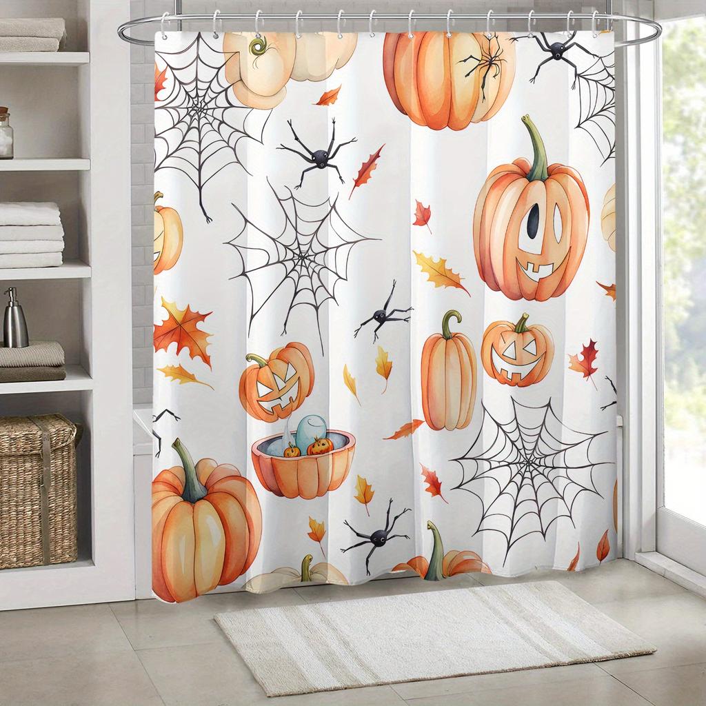 1pc Halloween pumpkin maple leaf spider web print shower curtain   polyester fabric   machine washable   suitable for bathroom