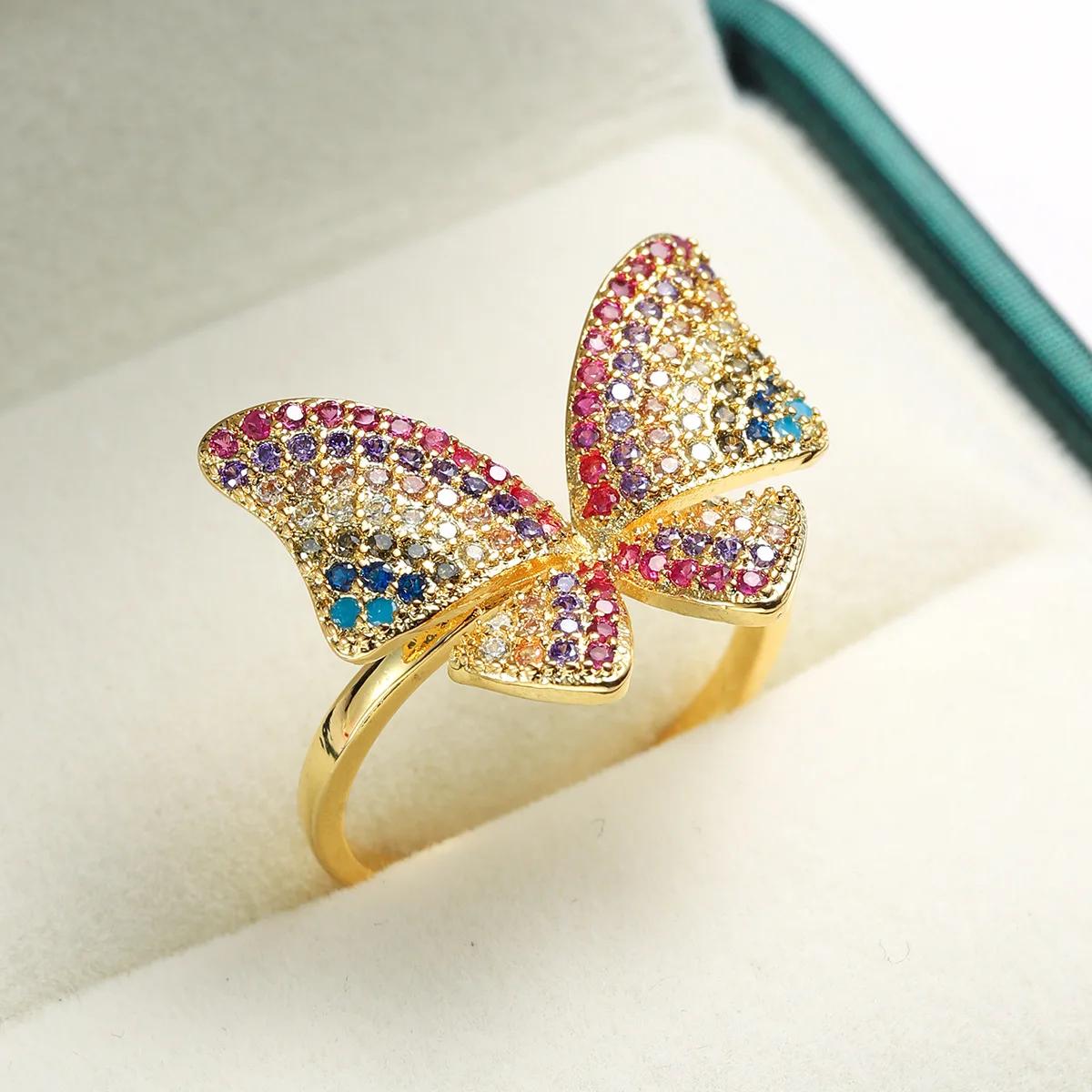 Бохо женские кольца Желтый золотой цвет Насекомое Бабочка Инкрустация кубическим цирконием Открытые кольца для женщин Вечеринка Anillos Mujer resizable