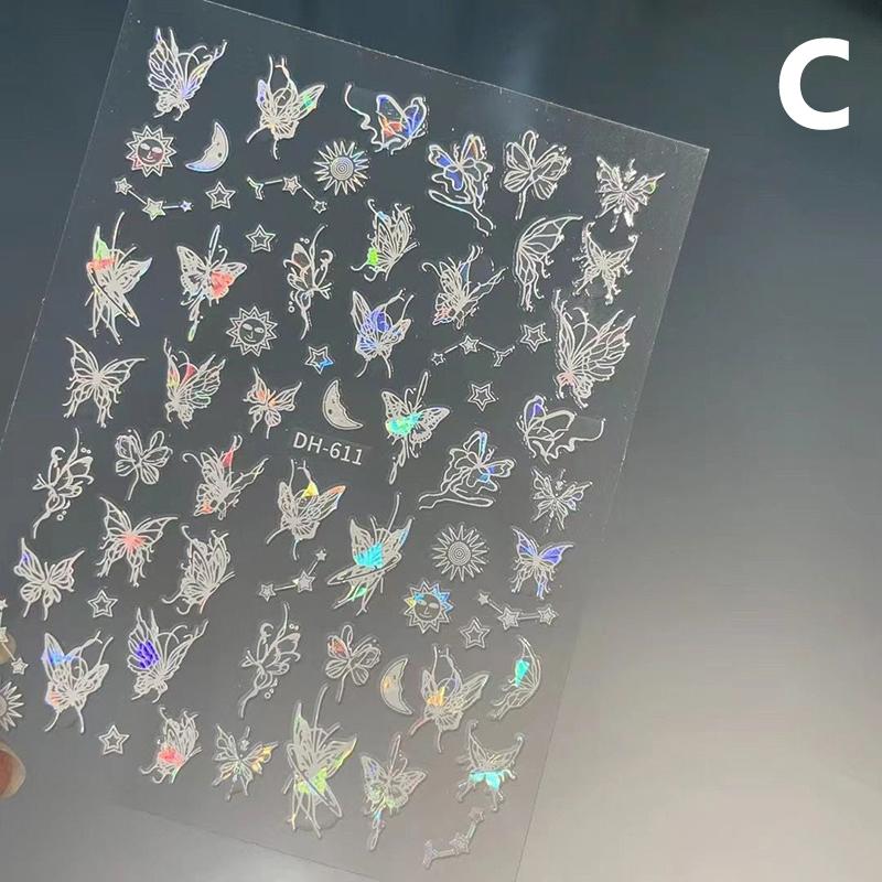 Pink Purple Aurora Shell Butterfly Nail Stickers Shiny Laser 3D Butterflies Nail Decals Adhesive Aurora Shell Butterfly C