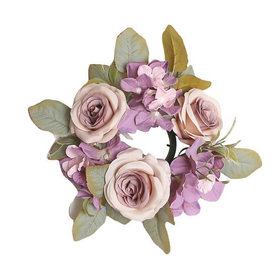 Artificial Rose Wreath Candle Ring Realistic Mini Faux Rose Garland with Plastic Base Candle Wine Decoration Weddings Party Dining Table Centerpiece