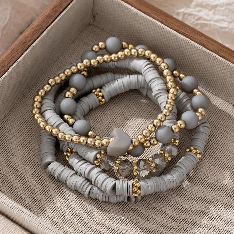 5pcs/Set Elegant Gray Soft Ceramic Heart Bead Multi-Layer Bracelet Set, Artificial Crystal Elastic Bracelet, Suitable for Ladies Daily Wear, Dating