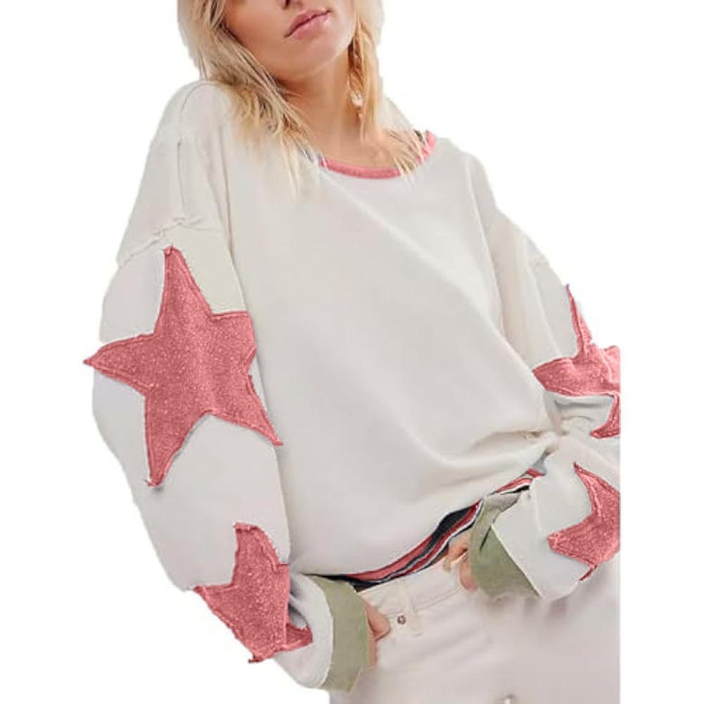 Women's Oversized Crew Neck Sweatshirt Glitter Star Patch Long Sleeve Loose Casual Pullover Top