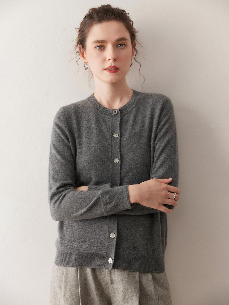 Autumn/Winter Pure Cashmere Women's Gray Round Neck Cardigan - Loose Knit Long Sleeve Sweater