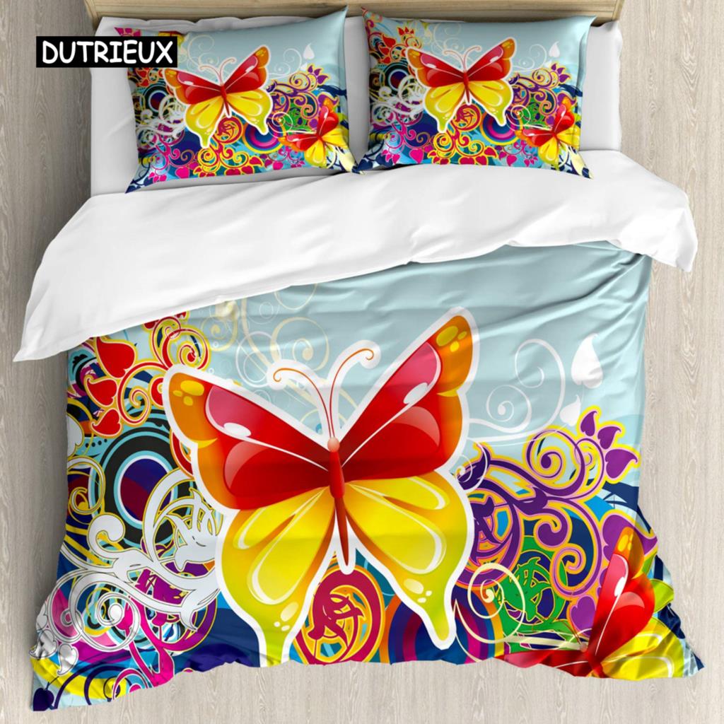 Colorful Duvet Cover Funky Curly Detailed Doodles Tangled Trippy Pyschedelic Botanical Nature Queen King Polyester Qulit Cover