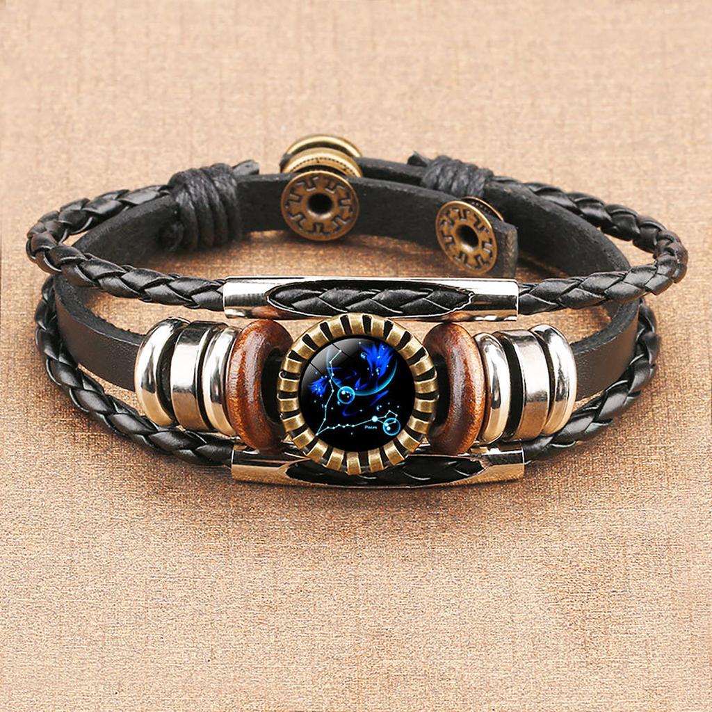 Zodiac Constellation Bracelet Leather Strap Adjustable Multi-layer Design Astrology Time Gem Accessory for Men and Women