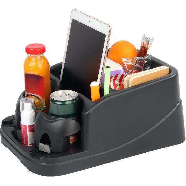 Universal Big Center Console for Cars, Trucks, Minivans, SUVs, Car Console Organizer with 2 Adjustable Cup Holders, Seatbelt for Secure Hold Car Seat