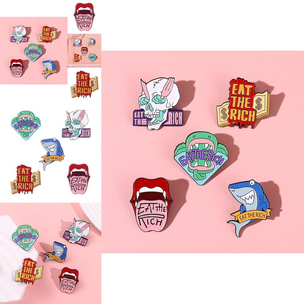 Adorable Cartoon Shark Skull Metal Brooch Featuring Cute Lips Design For Fashionable Accessories