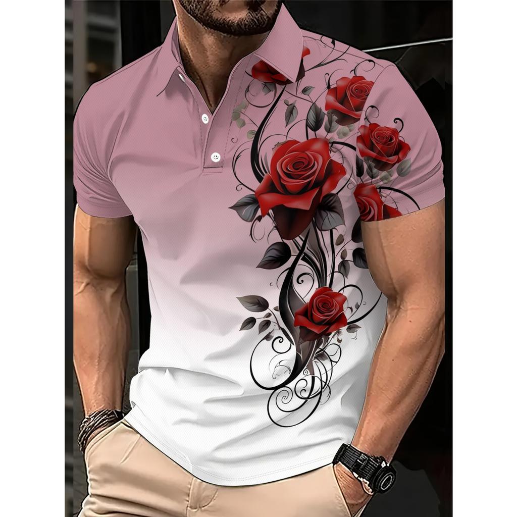 2026 Summer Men's Polo Shirt with Rose Flower Print Breathable Lightweight Casual and Fashionable Men's Clothing