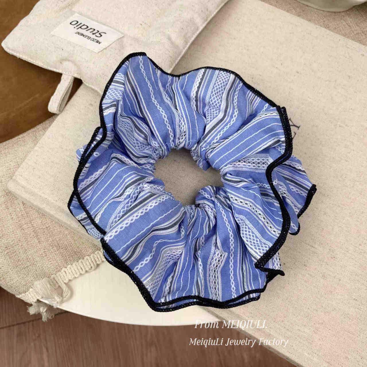 Korean Sea Salt Blue Striped Large Intestine Hair Tie for Women