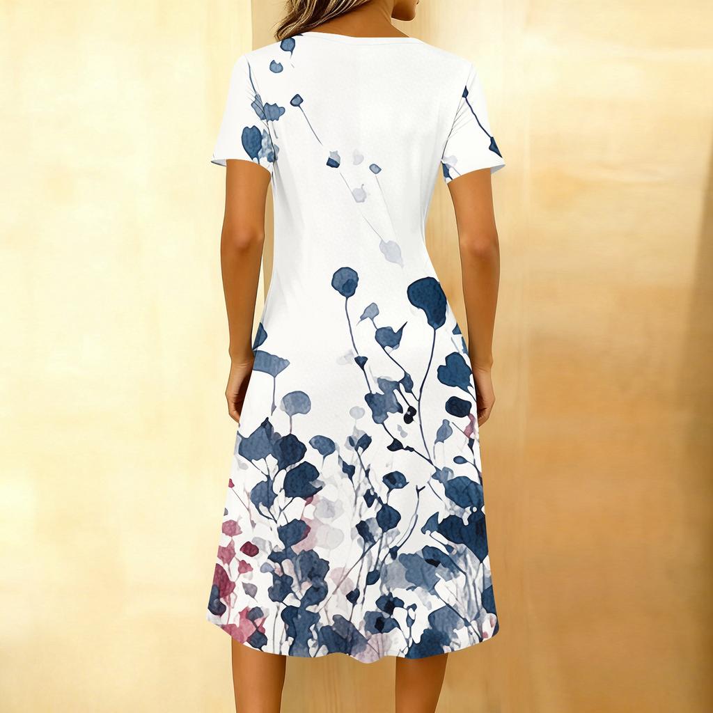 Women's Fashionable Retro Printed Round Neck Short Sleeved Button Neck Mid Length Casual Dress
