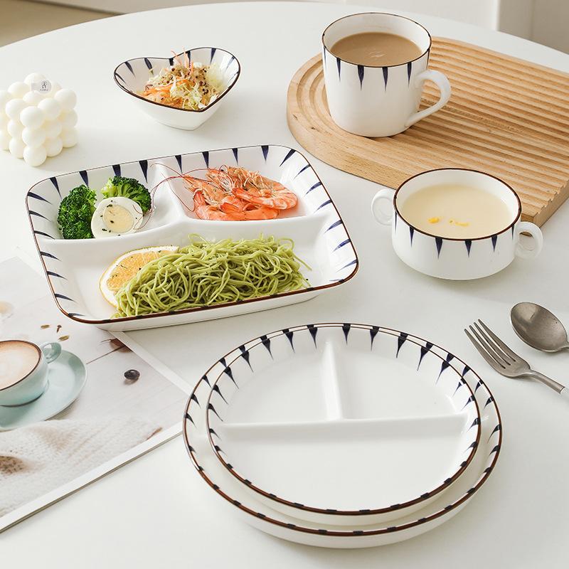 Japanese Creative Three-grid Dining Plate Household Ceramic Seasoning Plate Soup Bowl Vegetable Plate Breakfast Plate Set