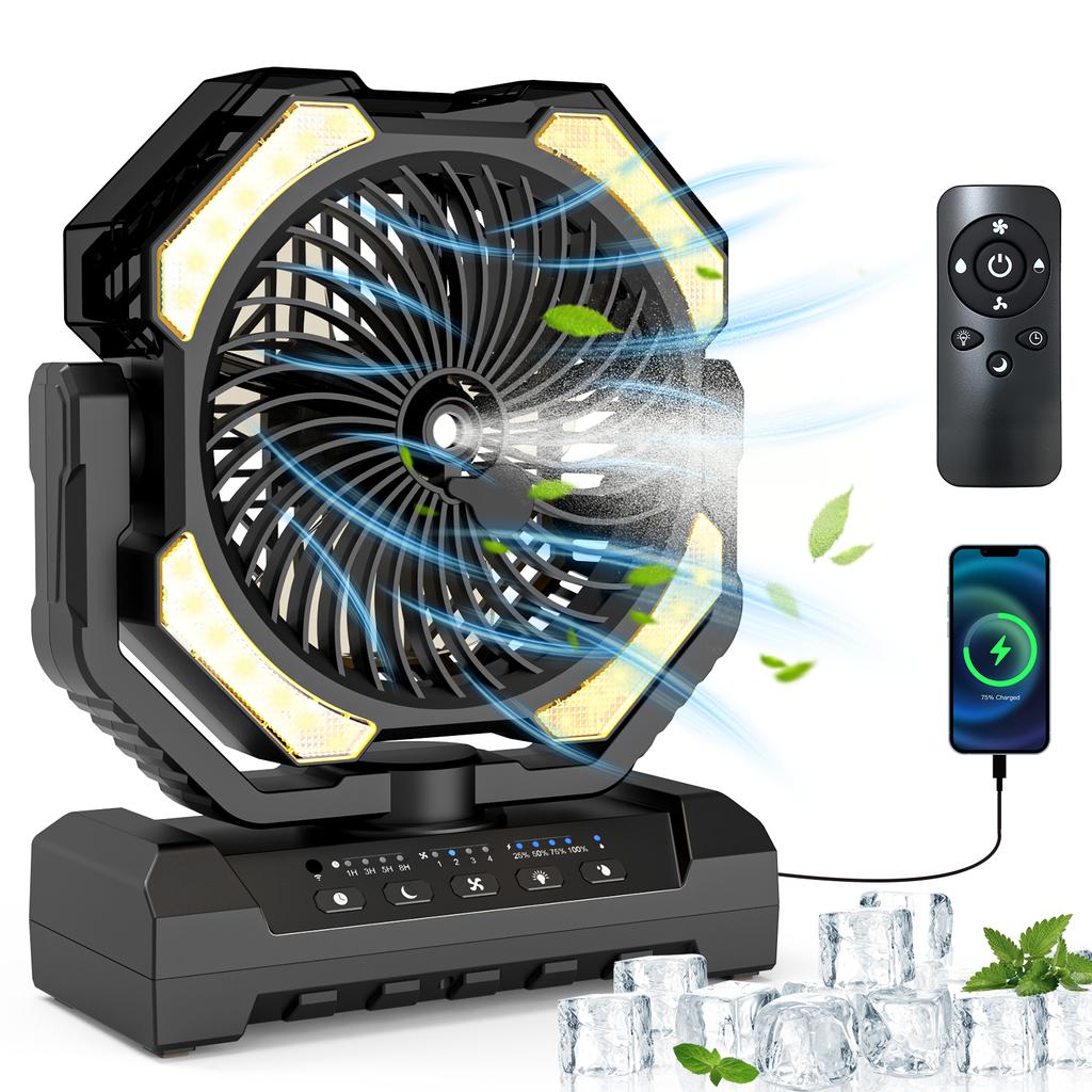 20000mAh Camping Fan Battery Operated Industrial Style Fan 4 LED & 4 Speeds Desk Fan Remote Rechargeable Outdoor Fans for Tent