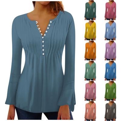 Women's Printed Bell Sleeve Button Collar Button Print Long Sleeve Holiday Basics Tunic Slim Top Print Ethnic Top Summer T-Shirt