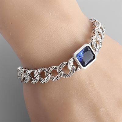 Unisex-Armband, ausgehöhlte dicke Kette, blauer Strass, Vintage-Stil, polierte Legierung, Armreif für Paare, individueller Handgelenkschmuck