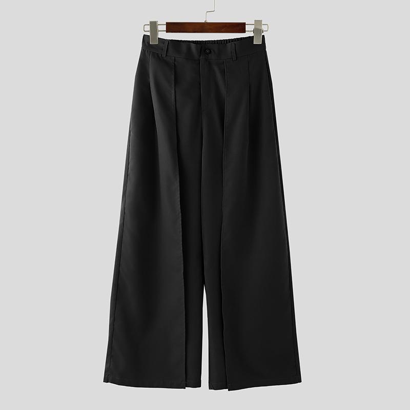 INCERUN Men Zip-up Elastic High Waist Trousers Casual Long Wide Legs Pants