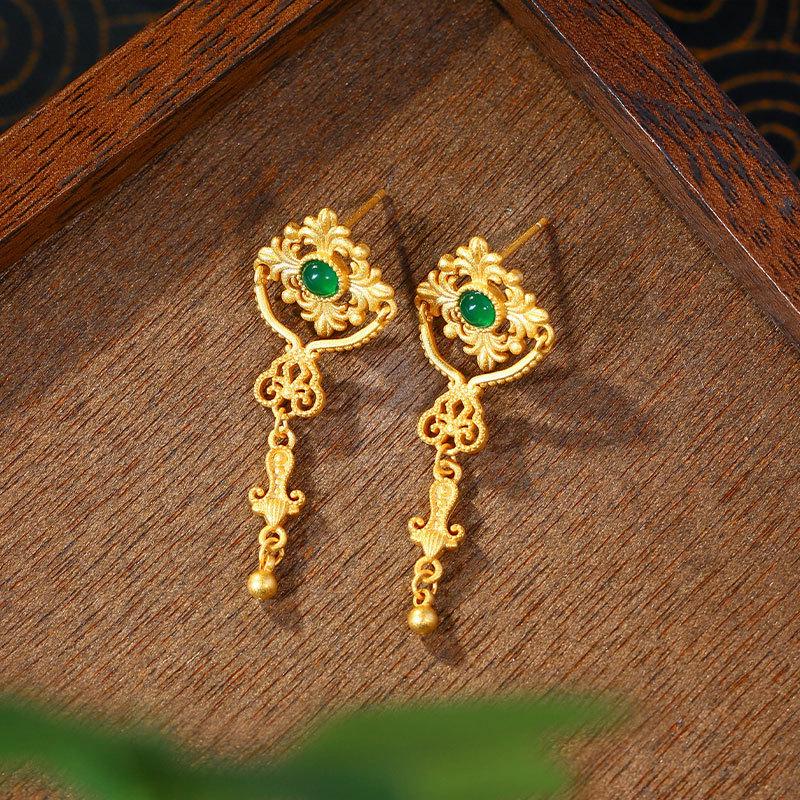 Aieryuan Gold-Plated Jade Tassel Earrings with Silver Studs