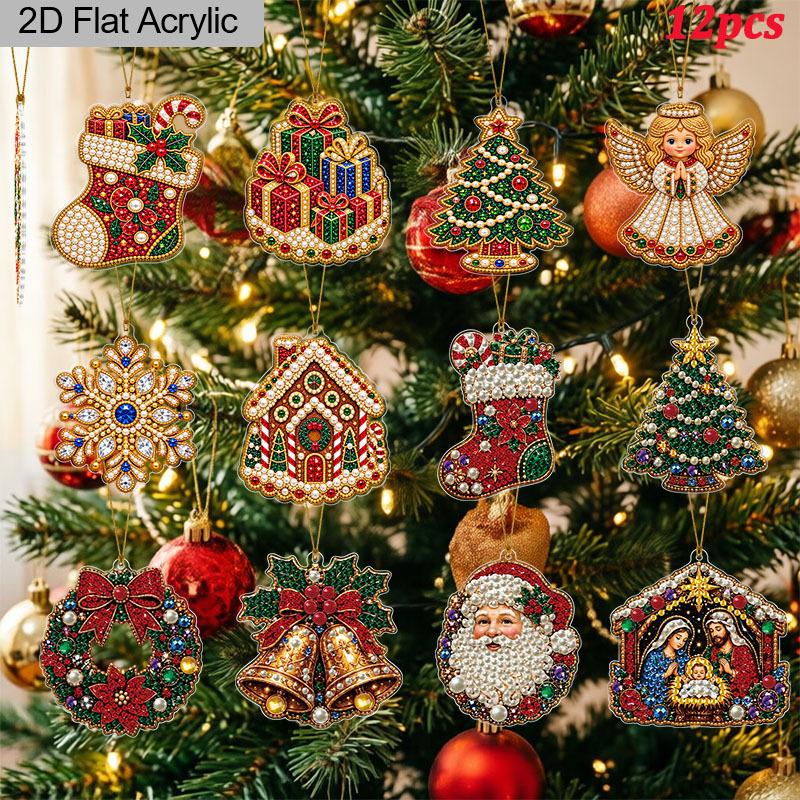 2D Flat 12Pcs DIY Acrylic Pearl Diamond Painting Christmas Ornaments Kit, Tree Hanging Decorations with Stocking, Gift Box, Angel, Nativity Scene