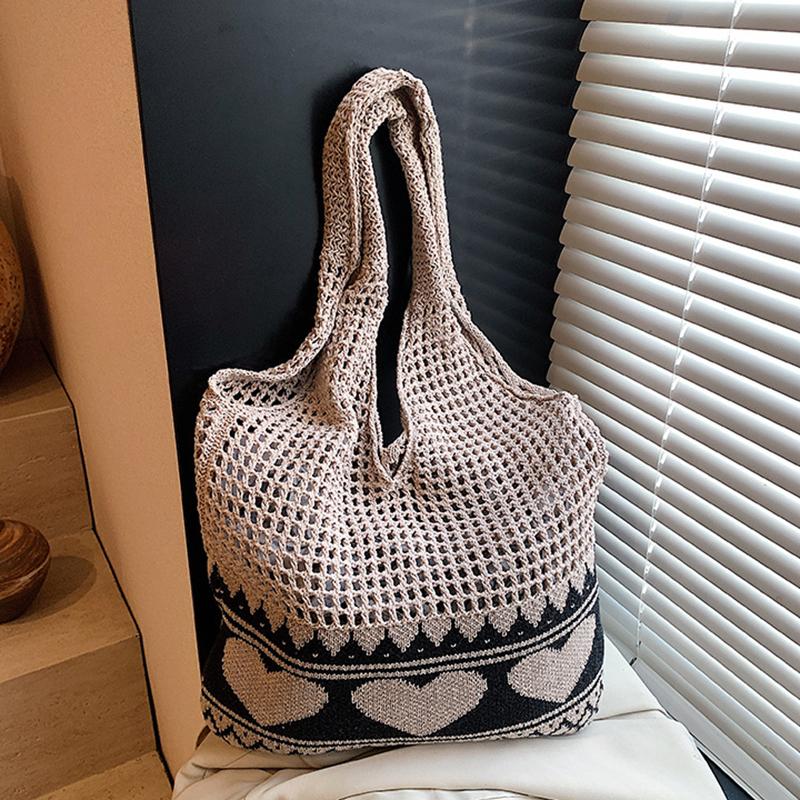 

Yogodlns Модная вязаная крючком сумка ручной работы в стиле бохо, ажурная вязаная сумка-тоут большой вместимости для отдыха, плечевая сумка из плетеной ткани для женщин 38x2x50cm хаки