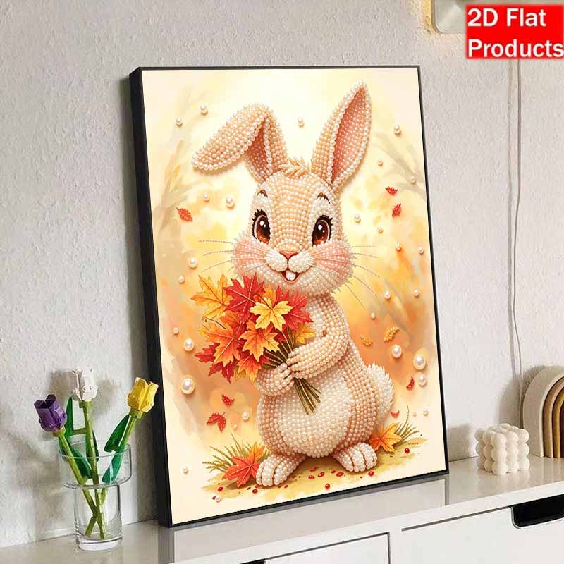 5D Pearl Painting Kit Framed with Cute Autumn Bunny Design Sparkling Bead Art Canvas DIY Relaxing Craft for Home Wall Decor Gift Set