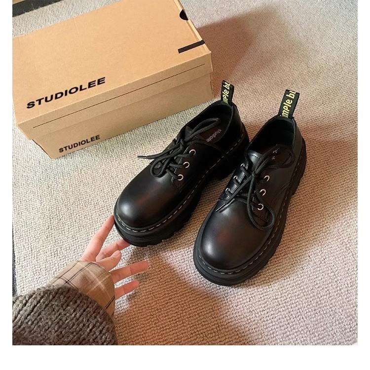 New Cowhide Grape Mother British Style Lace-up Heightened Thick Heel Thick Sole Derby Single Shoes Round Head Versatile Small Leather Shoes Women