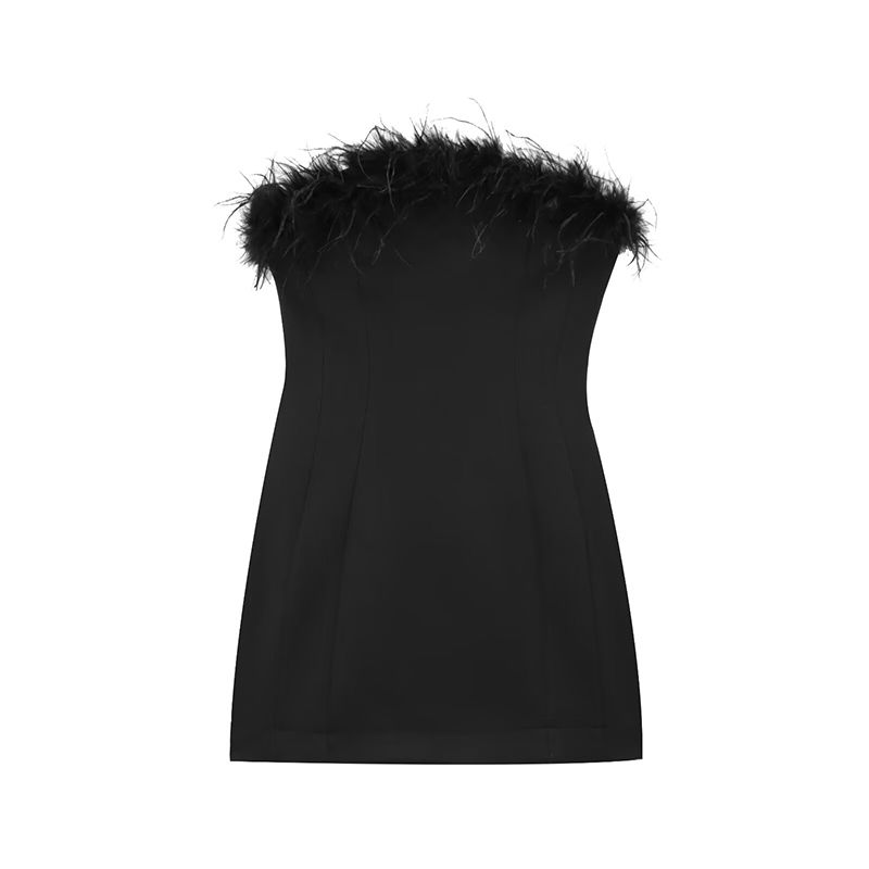 

Light Dress Pick Feather Decoration Sexy off-Shoulder Tube Top Dress Socialite Dress Slim fit Sheath Short dress Black Feather L