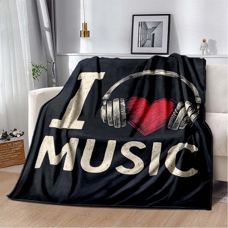 Vintage "I Love Music" Print Flannel Blanket, Retro Headphone & Heart Throw Blanket