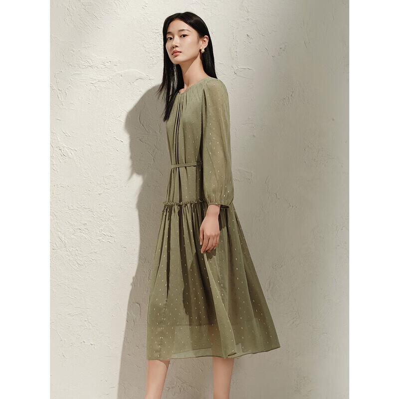 JiuZi AnnaCo 2025 Spring Jacquard Chiffon Glitter Waist Dress