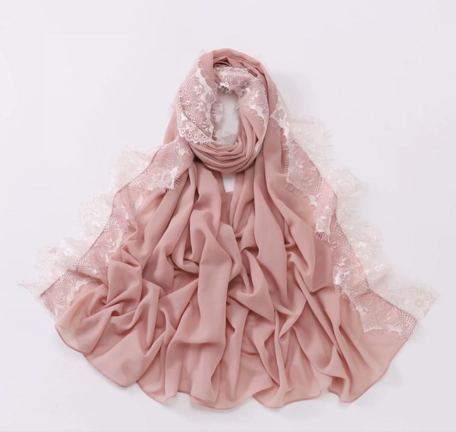 New Muslim Chiffon Hijab With Lace Muslim Scarf Long Shawls Solid Headscarf Wraps Embroidered Lace Muslim Turban Femme Hijab