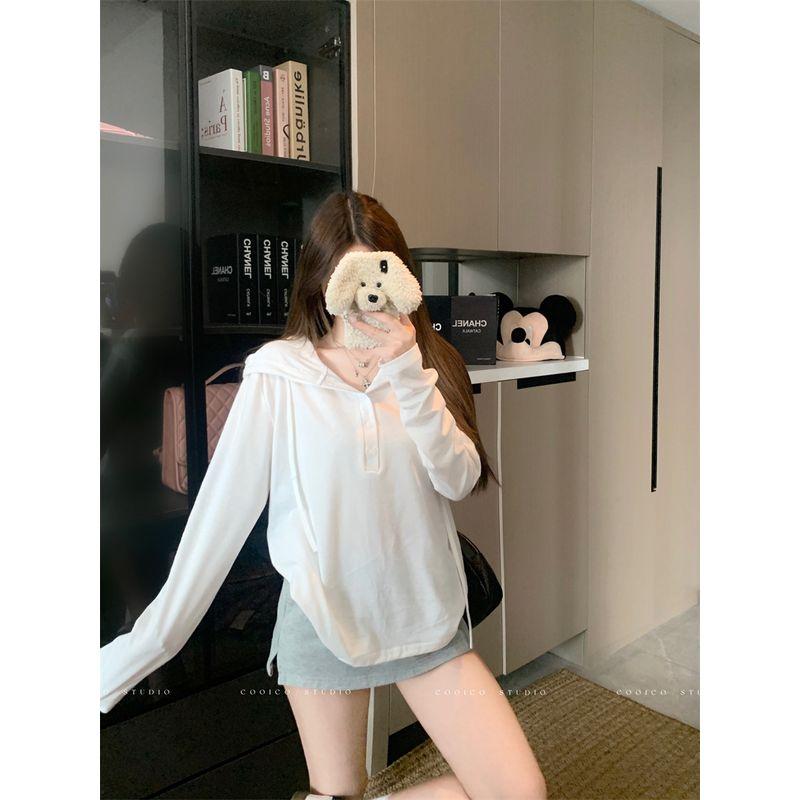 Kumikumi Idle Style Gray Hood Button Long sleeves Shirt Women Autumn Niche All-Match Loose Slimming Top