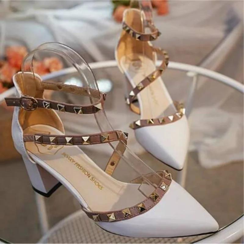 Fashion Rivet Pointed Toe White Sexy Women's Shoes Summer 2024 Buckles Sandals for Woman High Heels Party Weddings Footwear Thick Heel H