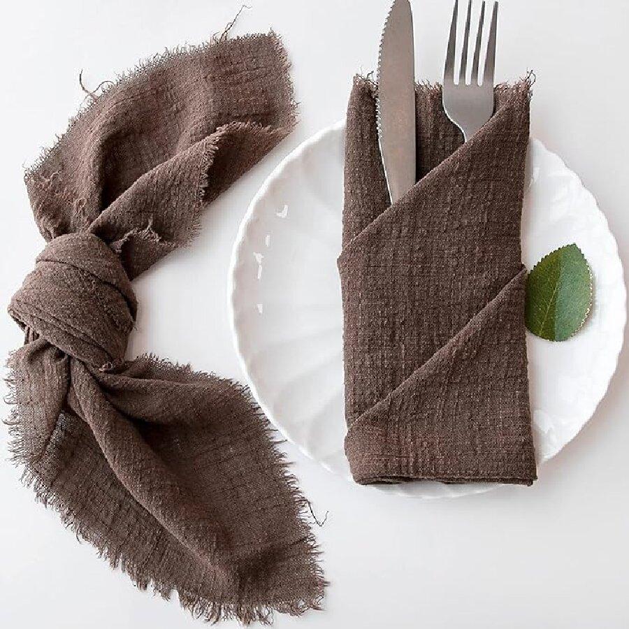 6pcs 32x32cm 100% Cotton soft beige Gauze C Wedding Napkins Reusable Blue Trim Tea Towel Rustic Retro Burrs napkins For Dinner,Party,Weddings
